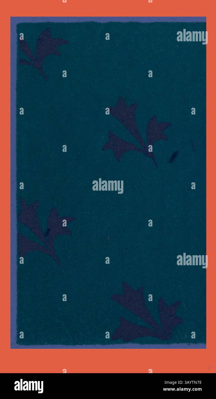 Lo sfondo testurizzato presenta motivi floreali scuri, circondati da un vivace bordo arancione, che crea un contrasto sorprendente. Mediæval decorazione classica con un tocco moderno reinventata da Artotop Foto Stock