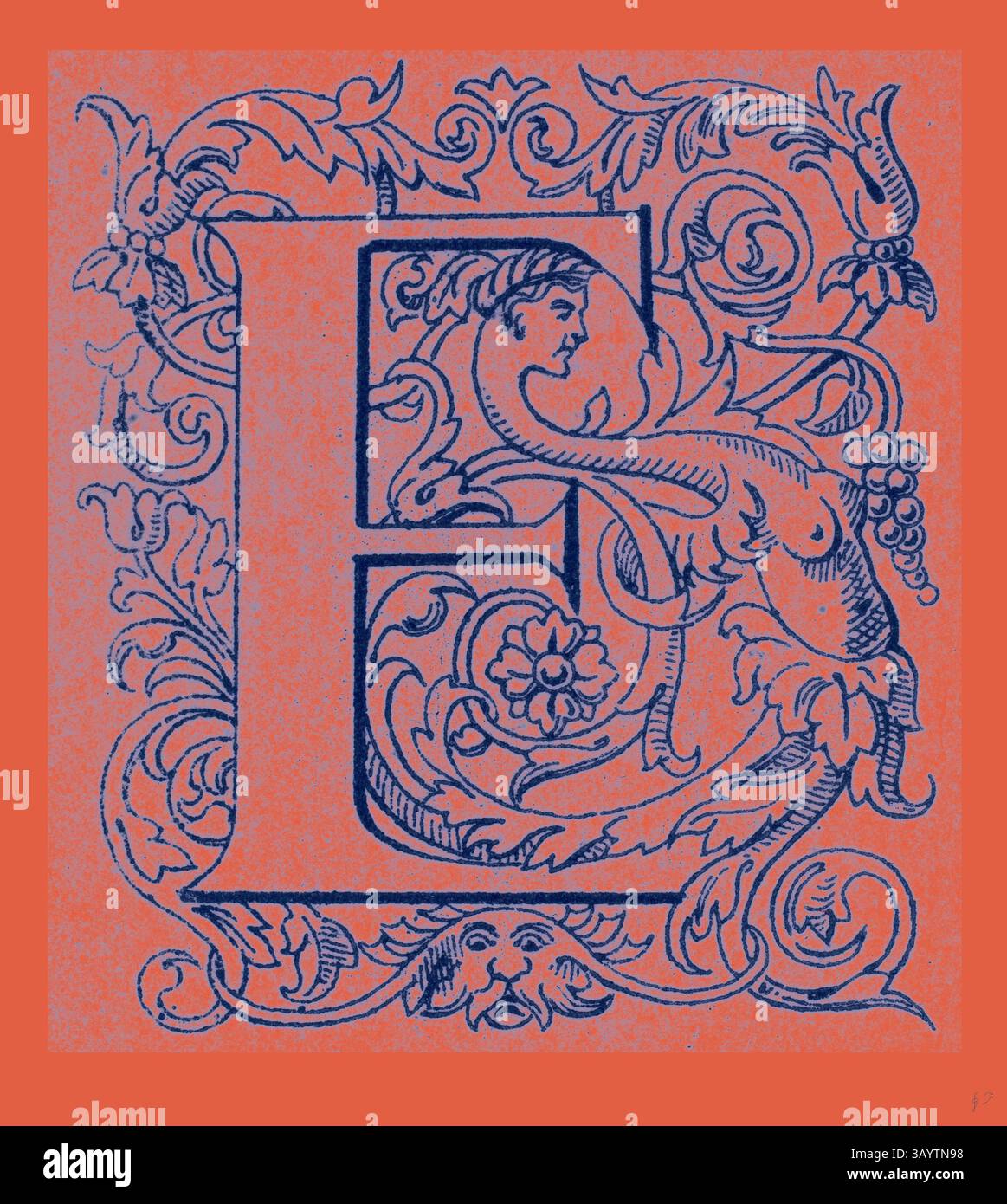 Una complessa lettera "e" adornata da elaborati disegni floreali e mitici, che mostra una miscela di arte ed eleganza. Decorazioni italiane classiche con un tocco moderno reinventato da Artotop Foto Stock