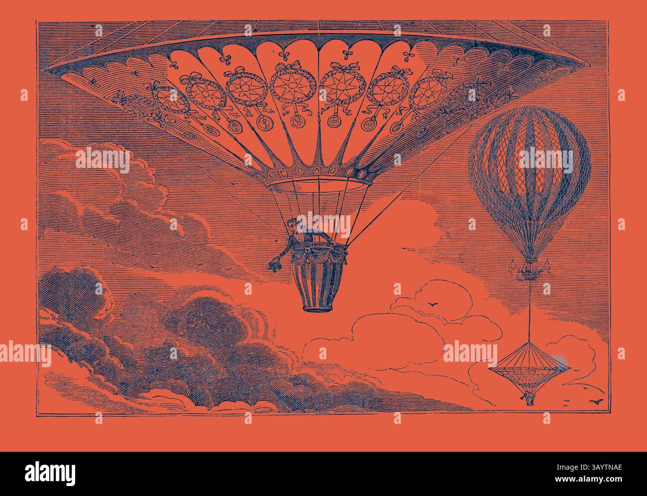 Una rappresentazione stravagante dei primi voli in mongolfiera, che mostra un audace avventuriero sospeso in un cestino sotto un baldacchino ornato, con un altro pallone che si sposta sullo sfondo su uno sfondo di nuvole vorticose. SALITA DEL PALLONE VAUXHALL E MR.. COCKING'S PARACHUTE Classic art con un tocco moderno reinventato da Artotop Foto Stock