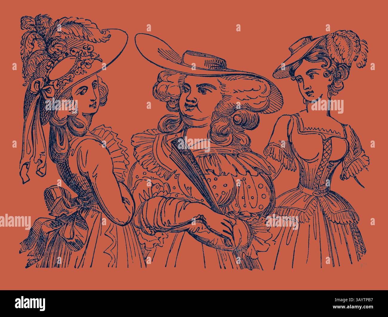 Tre persone elegantemente vestite mostrano stravaganti acconciature e cappelli alla moda, ognuno con uno stile distinto. Il loro abbigliamento riflette una miscela di elementi di moda storici, caratterizzati da dettagli intricati e accessori vivaci. Cappelli alla moda nel 1784, Regno Unito, Regno unito, regno unito, europa, regno Unito, gran bretagna, arte classica europea con un tocco moderno reinventata da Artotop Foto Stock