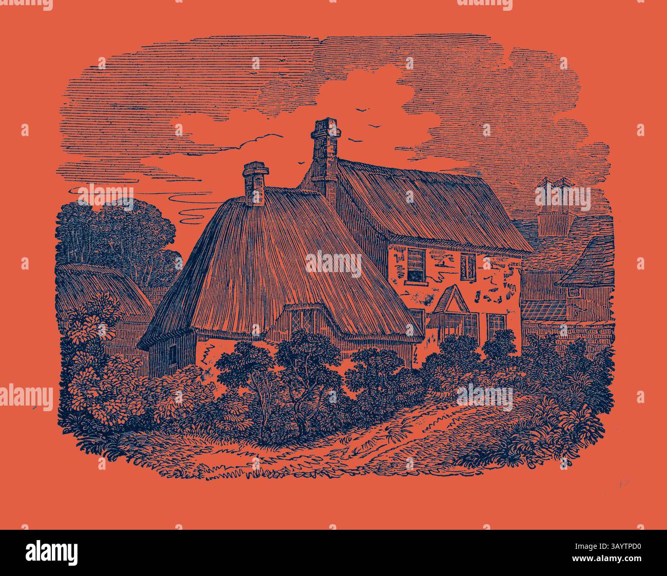 Un incantevole cottage con tetto in paglia accoccolato tra lussureggiante vegetazione, con nuvole fluttuanti sullo sfondo e un tranquillo paesaggio invitante esplorazione. LUOGO DI NASCITA DI ADDISON, MILSTON, WILTSHIRE, UK Classic art con un tocco moderno reinventato da Artotop Foto Stock