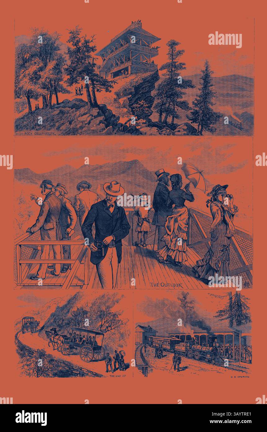 Una scena d'epoca che mostra varie attività di svago all'aperto di un'epoca passata, con un gruppo di individui elegantemente vestiti che godono di una vista panoramica, una struttura di avvistamento di montagna, carrozze trainate da cavalli e un treno panoramico. Questa opera d'arte cattura il fascino e le dinamiche sociali del suo tempo, mettendo in risalto il fascino della natura e dei viaggi. Maryland: Attrazioni di Penn-Mar Park e High Rock, nella contea di Washington. USA, incisione 1880 1881 Arte classica con un tocco moderno reinventata da Artotop Foto Stock