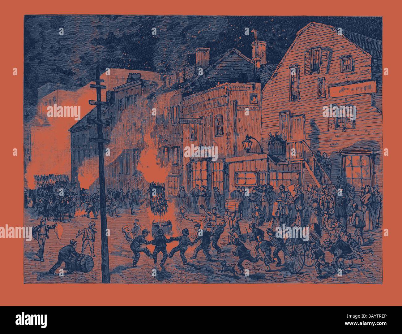 Una scena vivace che raffigura una strada trafficata piena di persone, alcune impegnate in attività celebrative, mentre fiamme e fumo sorgono dagli edifici vicini. L'atmosfera suggerisce un momento di caos e festività in mezzo all'ambiente urbano, con folle che interagiscono e varie figure che si occupano dei loro affari in mezzo ai disordini. New York: Dopo la chiusura dei sondaggi, dimostrazioni di Young America al sesto distretto. USA, incisione 1880 1881 Arte classica con un tocco moderno reinventata da Artotop Foto Stock