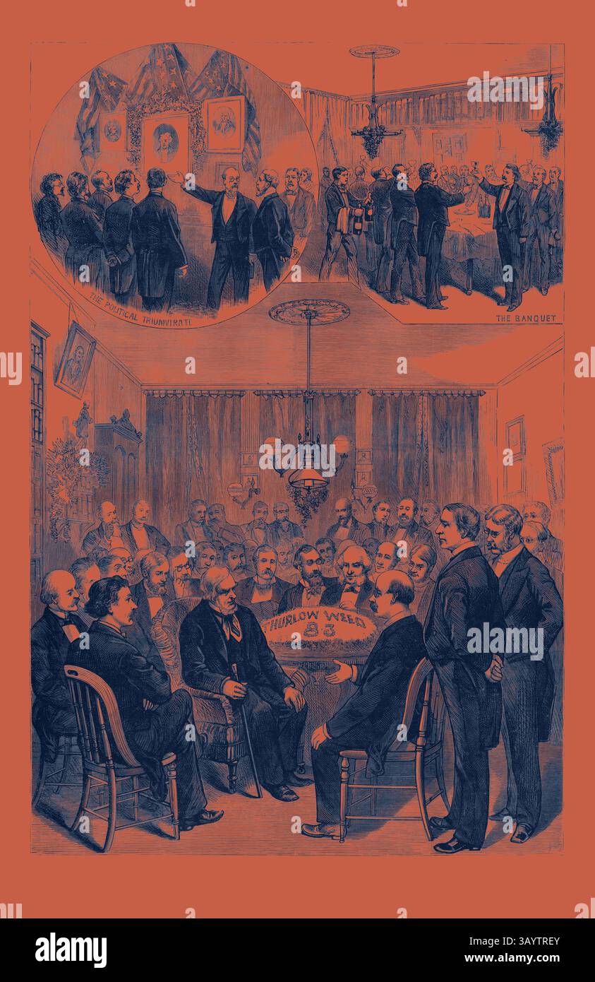 Un raduno storico che raffigura figure di spicco impegnate in discussione, con una persona che presenta al gruppo. L'ambiente presenta un decor decorato e un senso di sincera riflessione tra i partecipanti seduti in una sala ben arredata, sottolineando il significato del momento. New York: Accoglienza data dal Press Club a Thurlow Weed, il suo ottantatreesimo compleanno. New York Newspaper Publisher, 1797 - 1882, Stati Uniti, incisione 1880 1881 Arte classica con un tocco moderno reinventata da Artotop Foto Stock