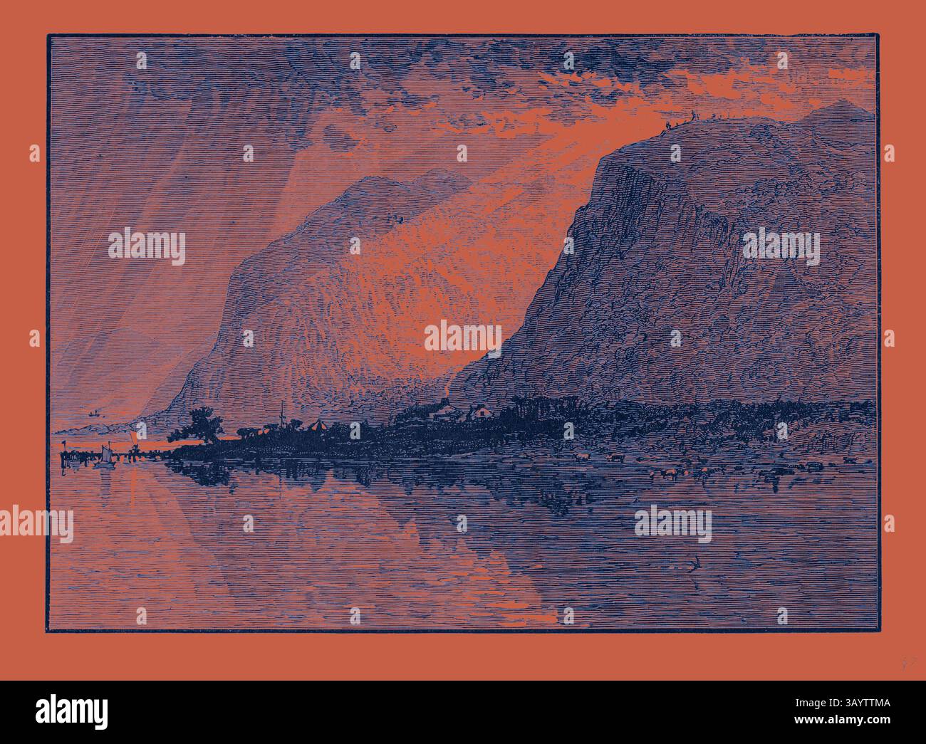 Un paesaggio spettacolare presenta torreggianti scogliere illuminate da raggi di luce, che si riflettono su un tranquillo corpo d'acqua, con una piccola silhouette di alberi e figure lontane che aggiungono profondità alla scena serena. Sabbath-Day Point Stati Uniti d'America Arte classica con un tocco moderno reinventata da Artotop Foto Stock