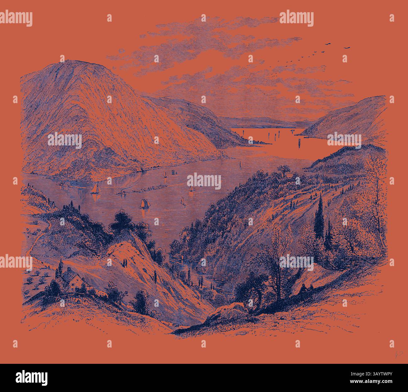 Un tranquillo paesaggio che raffigura un tranquillo corso d'acqua circondato da colline ondulate e montagne, punteggiato da piccole barche e vegetazione lussureggiante, sotto un cielo tranquillo. Anthony's Nose United States of America Classic art con un tocco moderno reinventato da Artotop Foto Stock