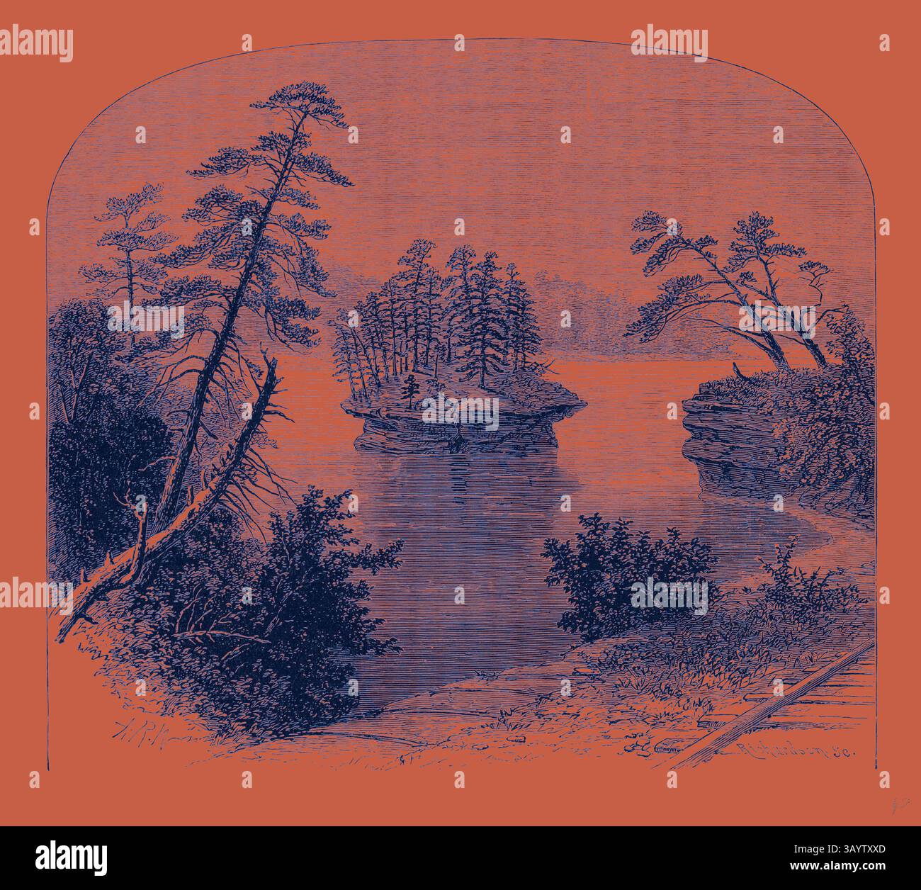 Un tranquillo paesaggio caratterizzato da un tranquillo corpo d'acqua circondato da isole e alti alberi, con una dolce curva della costa che sfuma in lontananza. Lone Rock Wisconsin River Stati Uniti d'America Arte classica con un tocco moderno reinventata da Artotop Foto Stock