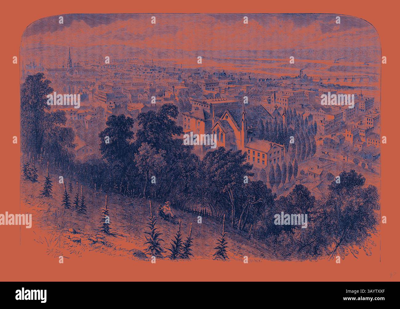 Una vista panoramica di un vasto paesaggio urbano annidato tra colline ondulate, che mostra una miscela di stili architettonici, spazi verdi e un fiume che si snoda attraverso il paesaggio. Gli alberi incorniciano il primo piano, aggiungendo profondità alla scena vibrante. Dubuque United States of America arte classica con un tocco moderno reinventata da Artotop Foto Stock