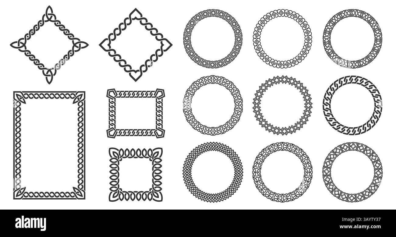 Cerchi celtici. Cornici circolari annodate, nodo vichingo a bordo rotondo, cornici decorative con antichi nodi celtici a treccia, ornamentali tribali medievali Illustrazione Vettoriale