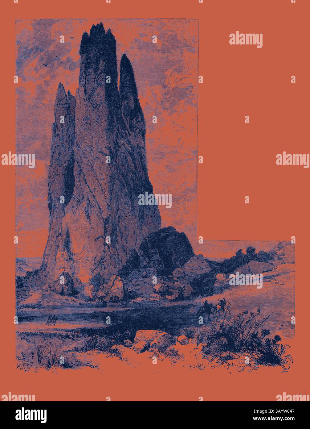 Una formazione rocciosa torreggiante sorge drammaticamente da un paesaggio aspro, circondato da un sereno corpo d'acqua, con accenni di vita vegetale che punteggiano il primo piano. I colori contrastanti esaltano la bellezza naturale e la grandiosità della scena. Tower Rock Garden of the Gods United States of America arte classica con un tocco moderno reinventata da Artotop Foto Stock