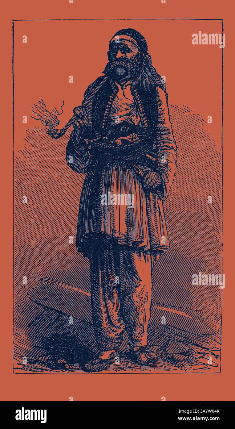 Una figura storica si erge con fiducia, tenendo una pipa e vestita con abiti tradizionali, che riflettono il patrimonio culturale di un'epoca passata. CONTADINO ALBANESE, arte classica albanese con un tocco moderno reinventato da Artotop Foto Stock