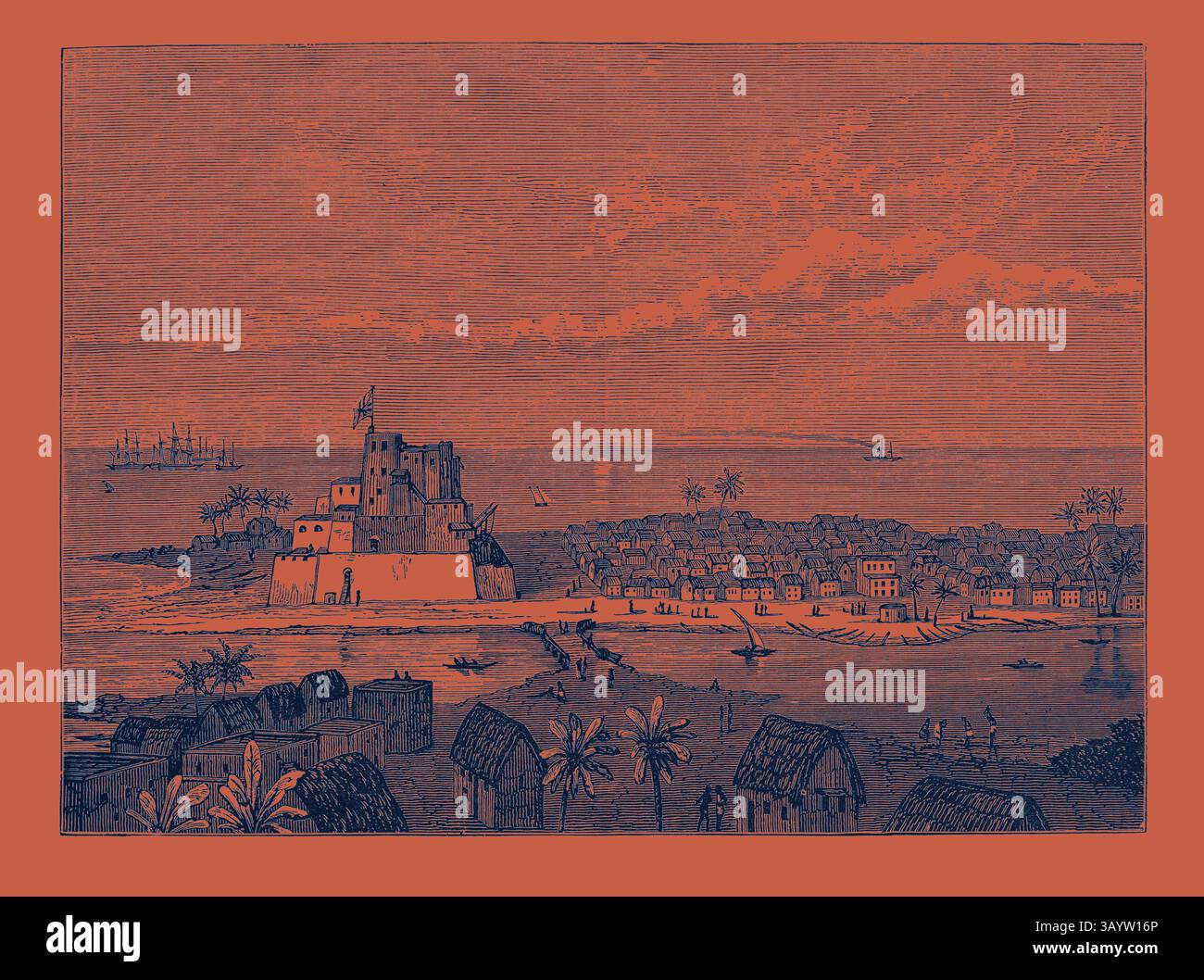 Una scena costiera caratterizzata da una fortezza che si affaccia su un vivace insediamento, circondata da barche e lussureggianti palme, con navi lontane e un cielo spettacolare che esalta il pittoresco paesaggio. VISTA DI ELMINA, arte classica LIBERIA con un tocco moderno reinventata da Artotop Foto Stock