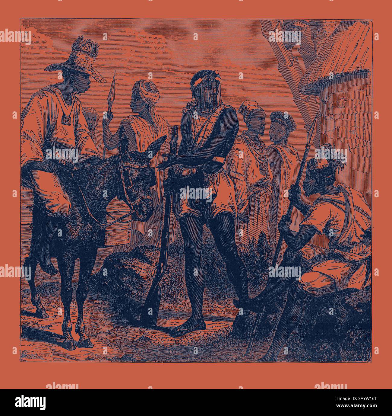 Un gruppo di individui di diversa provenienza si impegna in una conversazione vicino a un'abitazione, con una persona montata su un asino. Sono adornate con abiti tradizionali, che trasportano attrezzi e armi, mentre l'ambiente circostante richiama un ambiente rurale. La scena cattura un momento di interazione e scambio tra le figure. PERSONE SENEGAMBIAN. Come unità politica, il Senegambia fu creato duellando le forze coloniali francesi e inglesi nella regione. La competizione tra i francesi e gli inglesi iniziò nel XVI secolo, quando entrambi iniziarono a creare centri commerciali. Anche se CE n'era un po' Foto Stock