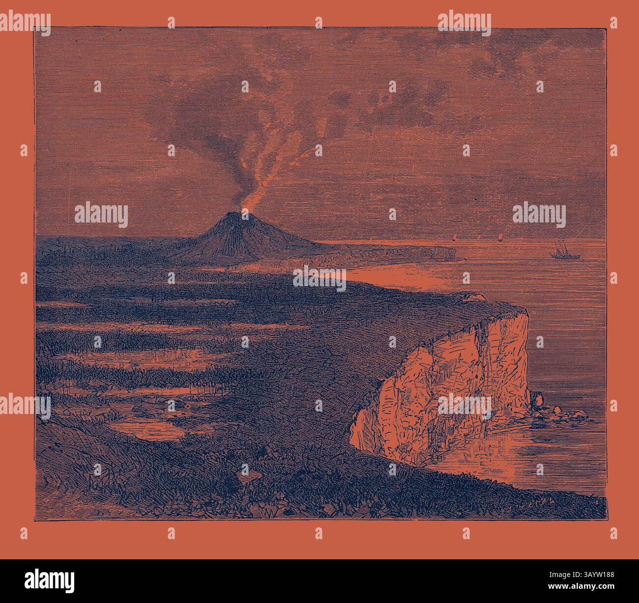 Un paesaggio vulcanico presenta un prominente vulcano in eruzione sullo sfondo costiero, con aspre scogliere che portano al bordo dell'acqua e navi lontane visibili all'orizzonte. VULCANO NELL'ISOLA DI AMSTERDAM arte classica con un tocco moderno reinventato da Artotop Foto Stock