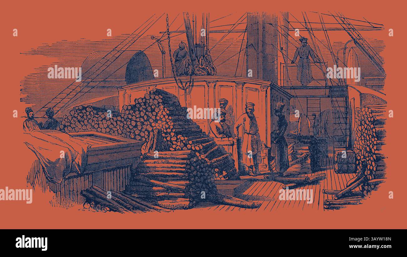 Una scena trafficata a bordo di una nave, che mostra i membri dell'equipaggio impegnati in varie attività intorno a una grande pila di tronchi. Alcuni individui gestiscono il carico, mentre altri coordinano le attività sul ponte, evidenziando l'ambiente di lavoro marittimo dell'era. UN BATTELLO A VAPORE SUL VOLGA. Il Volga è il fiume più lungo d'Europa, è anche il fiume più grande d'Europa in termini di scarichi e spartiacque. Scorre attraverso la Russia centrale ed è ampiamente visto come il fiume nazionale della Russia. Arte classica con un tocco moderno reinventata da Artotop Foto Stock