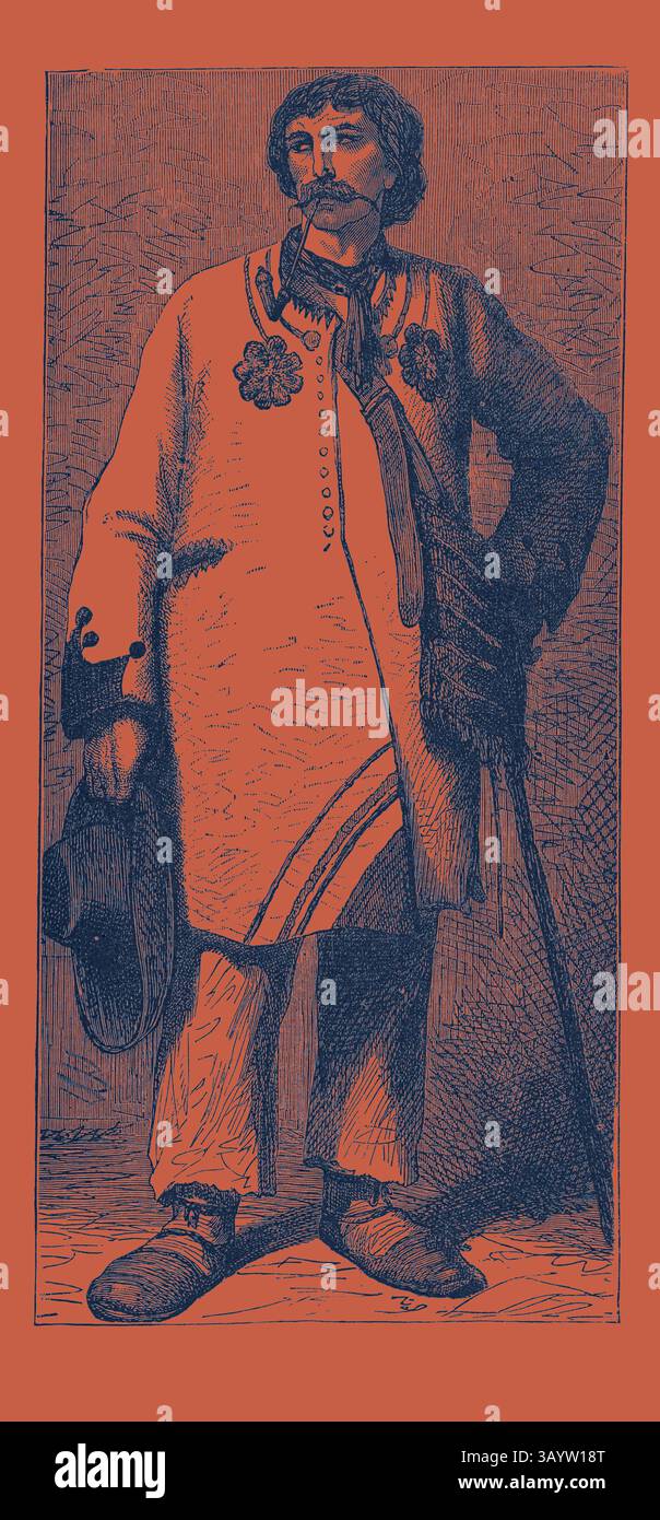 Un uomo è in piedi con sicurezza, vestito con un abbigliamento tradizionale caratterizzato da intricati motivi floreali. Tiene un cappello in una mano mentre un bastone riposa accanto a lui, mostrando una miscela di eleganza e forza nella sua postura. ABITO TRADIZIONALE SLAVO. Slavo, slavo o slavo si riferisce all'arte classica dei popoli slavi con un tocco moderno reinventato da Artotop Foto Stock