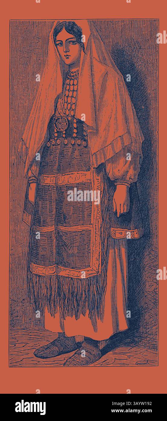 Una donna vestita con un abbigliamento tradizionale, caratterizzato da capi dai motivi intricati ed elementi decorativi, si staglia con un'espressione serena. Il suo vestito include una gonna fluida, uno scialle e vari ornamenti che riflettono il patrimonio culturale e l'artigianato. ABITO TRADIZIONALE SLAVO. Slavo, slavo o slavo si riferisce all'arte classica dei popoli slavi con un tocco moderno reinventato da Artotop Foto Stock