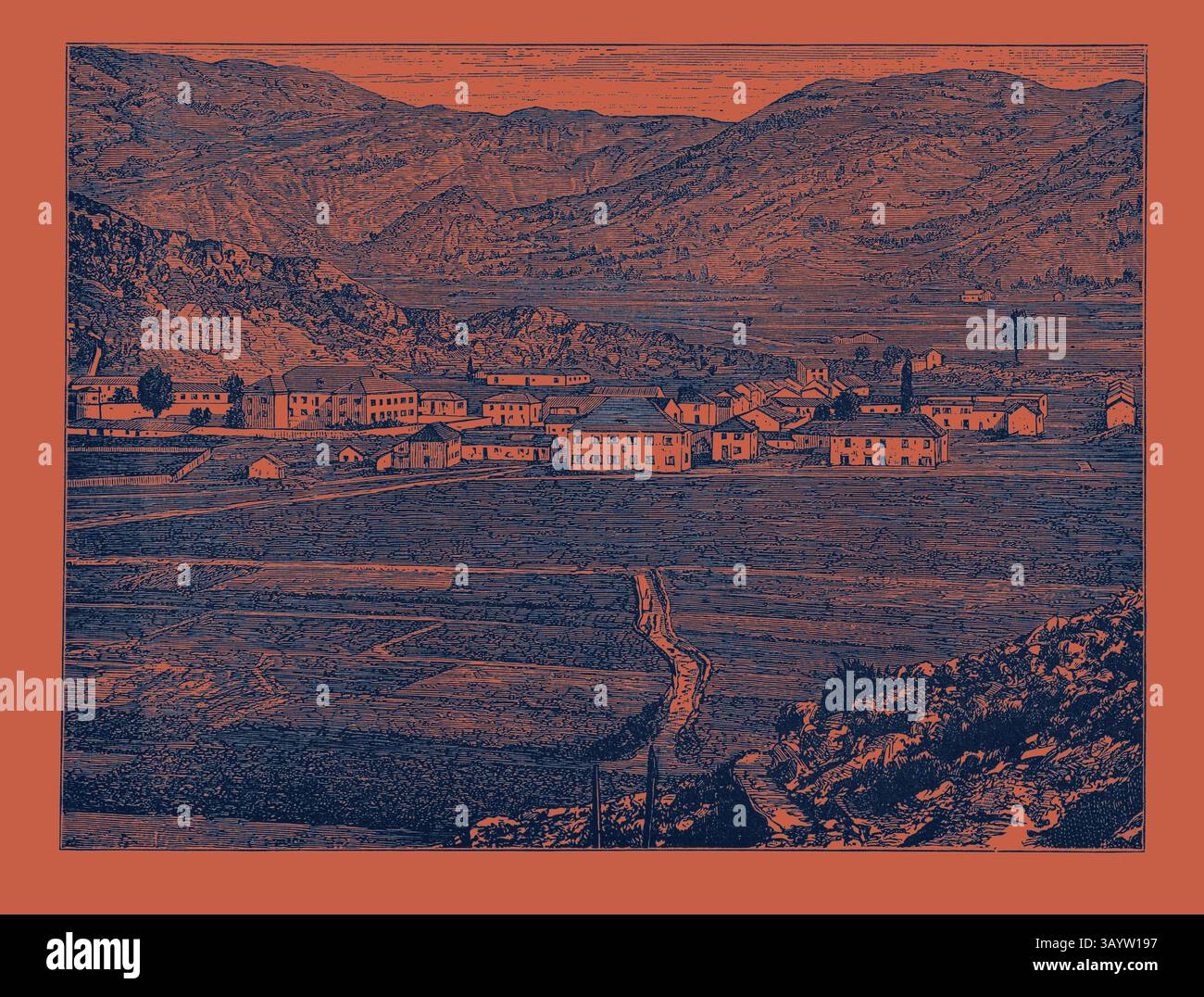 Un tranquillo paesaggio che raffigura un piccolo villaggio incastonato tra dolci colline, con edifici e campi che si estendono in primo piano, incorniciati da montagne sullo sfondo. VISTA DI CETINJE, arte classica DEL MONTENEGRO con un tocco moderno reinventata da Artotop Foto Stock