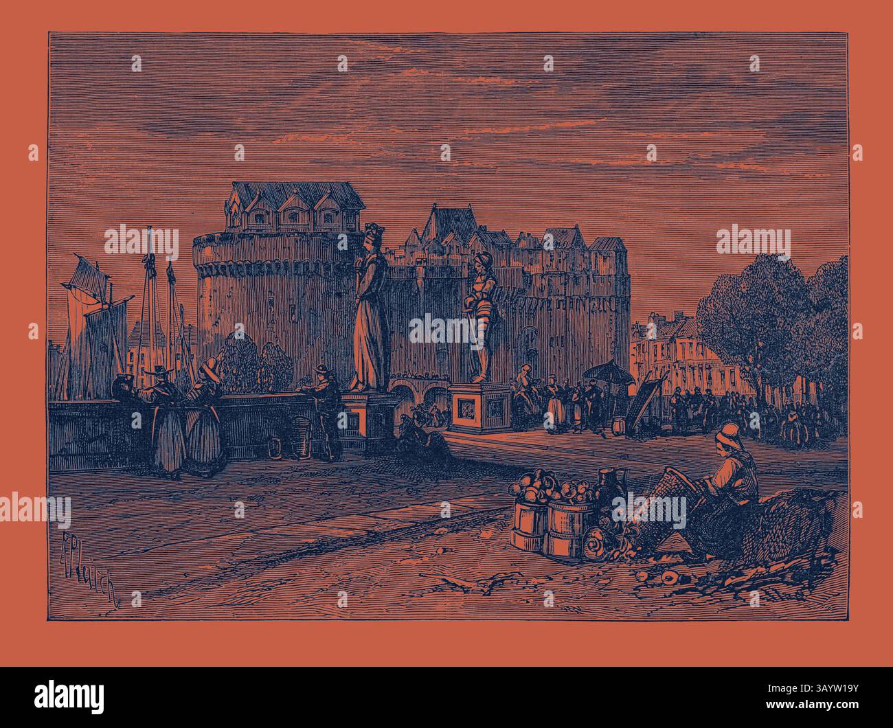 Una vivace scena con una fortezza storica, circondata da persone impegnate in varie attività, con mercanti che vendono beni nelle vicinanze. Il cielo contrasta drasticamente con l'architettura, mentre gli alberi fanno da cornice alla vivace vita del mercato. VISTA A NANTES, SULLA LOIRA, FRANCIA. Arte classica con un tocco moderno reinventata da Artotop Foto Stock