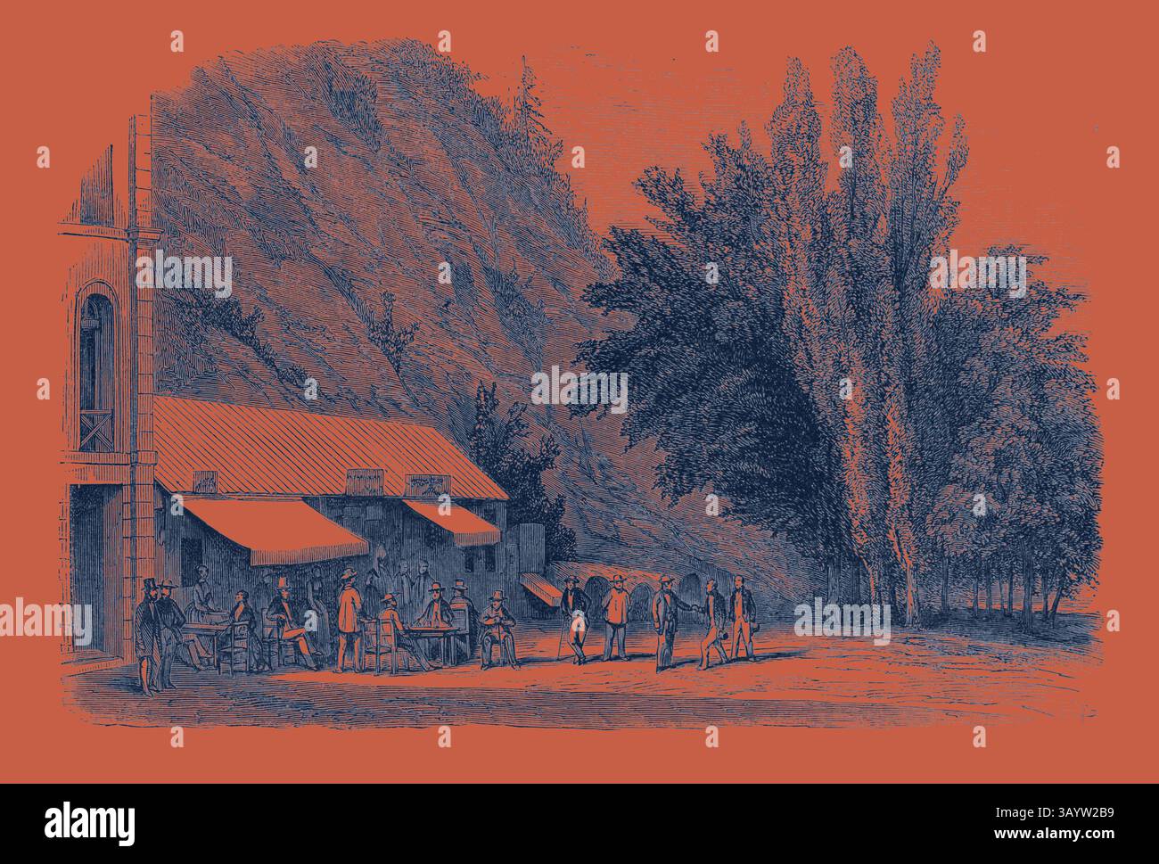 Una vivace scena all'aperto presenta persone che socializzano ai tavoli di fronte a un pittoresco edificio, mentre alberi lussureggianti e una collina rocciosa offrono uno sfondo pittoresco. Il Giardino inglese e la caffetteria Dorothee. Eaux-Bonnes, Pirenei-Atlantiques, Francia. Incisione 1855 arte classica con un tocco moderno reinventata da Artotop Foto Stock