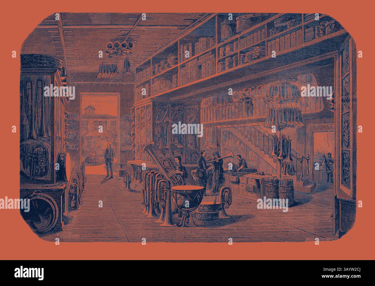Una scena interna di un negozio ben rifornito, con scaffali pieni di vari prodotti, mentre un gruppo di clienti si impegna a conversare. Una scala conduce ad un livello superiore, suggerendo un vivace ambiente di vendita al dettaglio di un'epoca passata. Vista di una parte dei negozi Gautrot, Francia. Incisione 1855 arte classica con un tocco moderno reinventata da Artotop Foto Stock