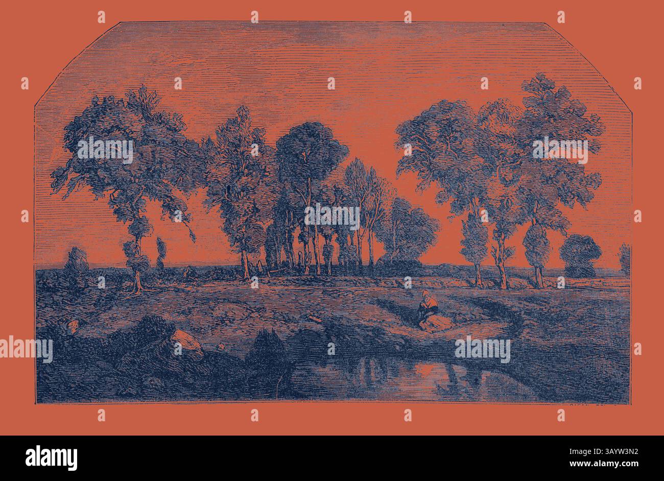 Un paesaggio sereno caratterizzato da un boschetto di alberi vicino a un calmo corpo d'acqua, che trasmette un senso di tranquillità con le sue sfumature delicatamente mescolate e i contorni delicati. Salone del 1855. The Forest, Engraving 1855 arte classica con un tocco moderno reinventata da Artotop Foto Stock