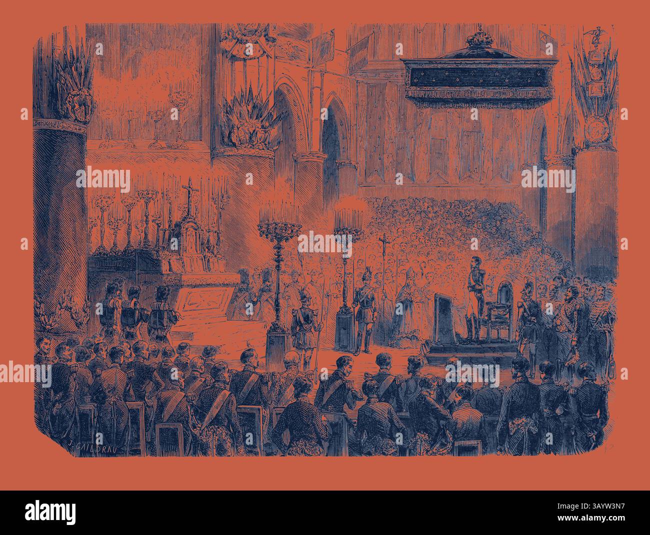 Una grande scena cerimoniale raffigura una cupa assemblea riunita per onorare una figura importante, con una bara al centro. Abbigliamento elegante ed espressioni solenni trasmettono il peso dell'occasione, mentre decorazioni ornamentali e lume di candela esaltano l'atmosfera di riverenza e tributo. Te Deum Sung nella Chiesa di Notre-Dame, nel Ringraziamento per la cattura di Sebastopoli, 1855. Parigi, Francia. Incisione di opere d'arte classiche con un tocco moderno reinventate da Artotop Foto Stock
