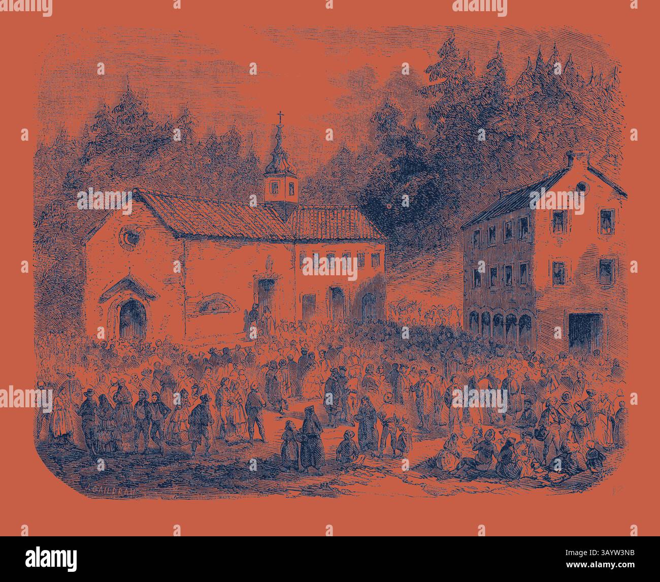 Una folla affollata si raduna intorno a una pittoresca chiesa e a un edificio nelle vicinanze, adagiato su uno sfondo di fitti alberi. La scena trasmette un senso di comunità e vivace interazione tra le persone, che sembrano essere coinvolte in varie attività. Festa della Natività di nostra Signora: Pellegrinaggio alla Madonna di font-Romeu (Pirenei-Orientales), Francia, 1855. Incisione di opere d'arte classiche con un tocco moderno reinventate da Artotop Foto Stock