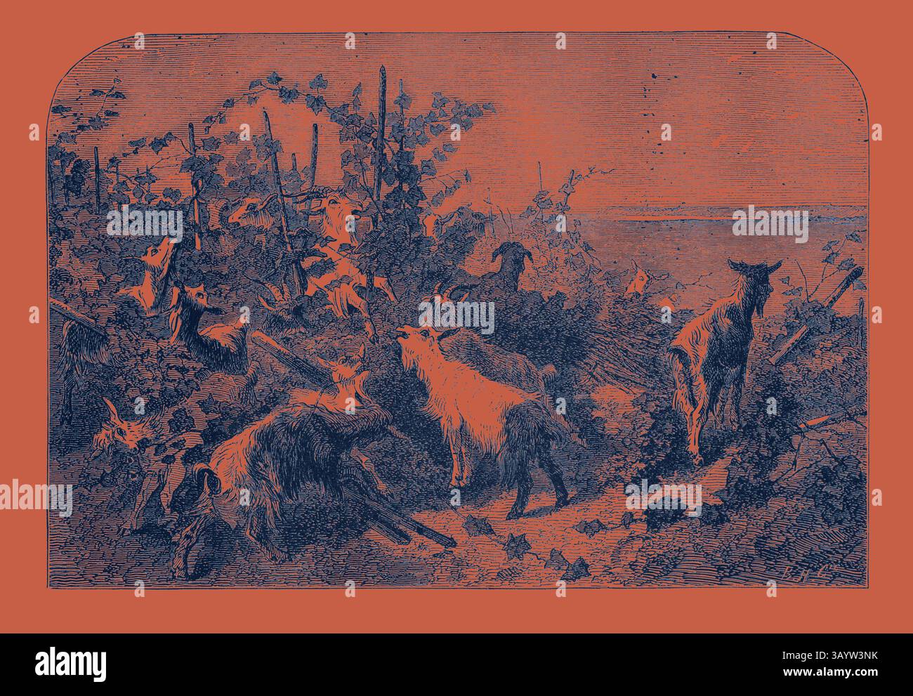 Un paesaggio sereno caratterizzato da un gruppo di capre tra fogliame ed elementi naturali, che evocano un senso di tranquillità rustica. Salone del 1855. Goats, incisione 1855 arte classica con un tocco moderno reinventata da Artotop Foto Stock