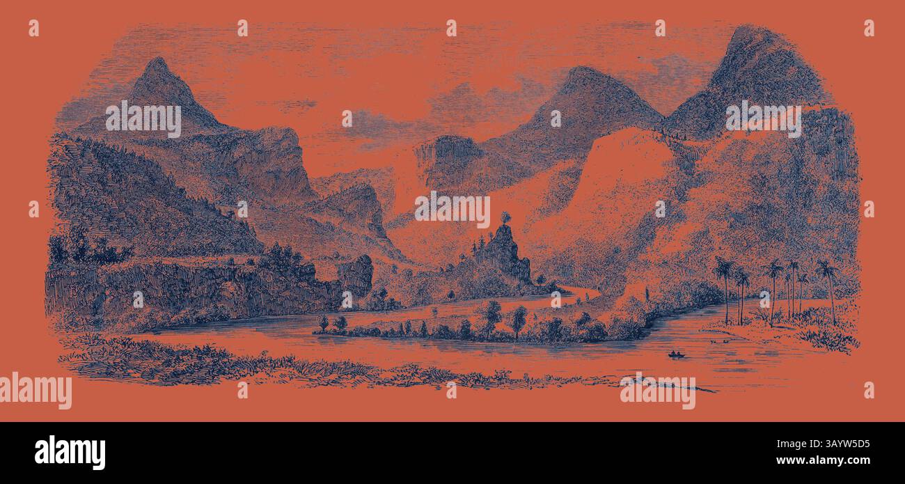 Un tranquillo paesaggio caratterizzato da montagne maestose, un fiume tortuoso e una vegetazione lussureggiante, con una caratteristica struttura annidata tra la bellezza naturale. Honduras di stato. Corso del fiume Mejecote. Incisione 1855 arte classica con un tocco moderno reinventata da Artotop Foto Stock