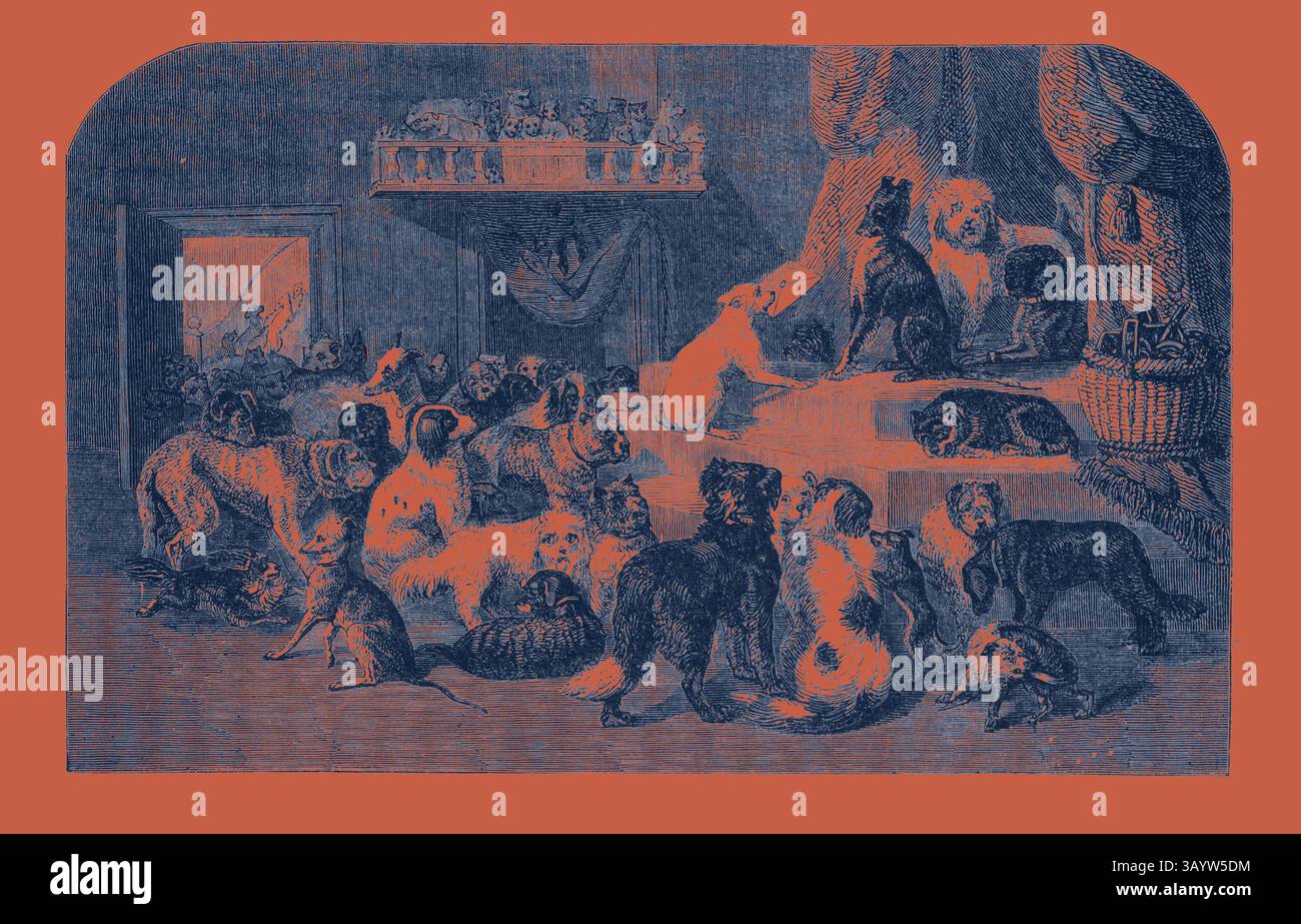 Un vivace raduno di varie razze di cani, alcune giocano a interagire, mentre altre si rilassano o osservano dai loro luoghi accoglienti. La scena cattura l'essenza della compagnia e del caos gioioso tra la folla canina. Petizione di Dogs. Incisione 1855 arte classica con un tocco moderno reinventata da Artotop Foto Stock