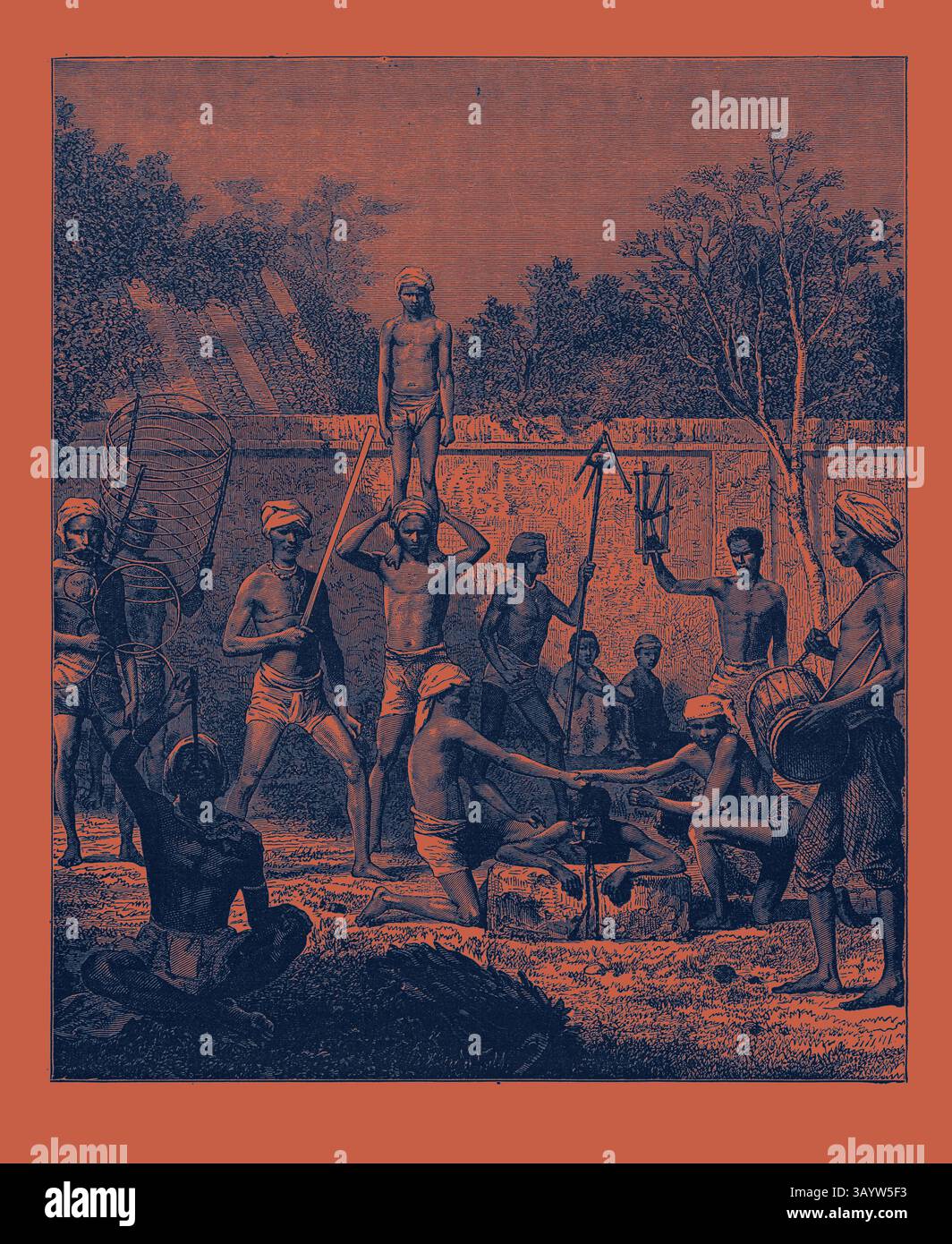Una scena vivace che raffigura un gruppo di uomini impegnati in attività tradizionali, mostrando vari aspetti della loro cultura attraverso la danza, la musica e la dimostrazione di forza. L'ambiente presenta alberi e uno sfondo di una struttura, che enfatizza una celebrazione o un rituale comune. Hindoo Jugglers, arte classica indiana con un tocco moderno reinventata da Artotop Foto Stock