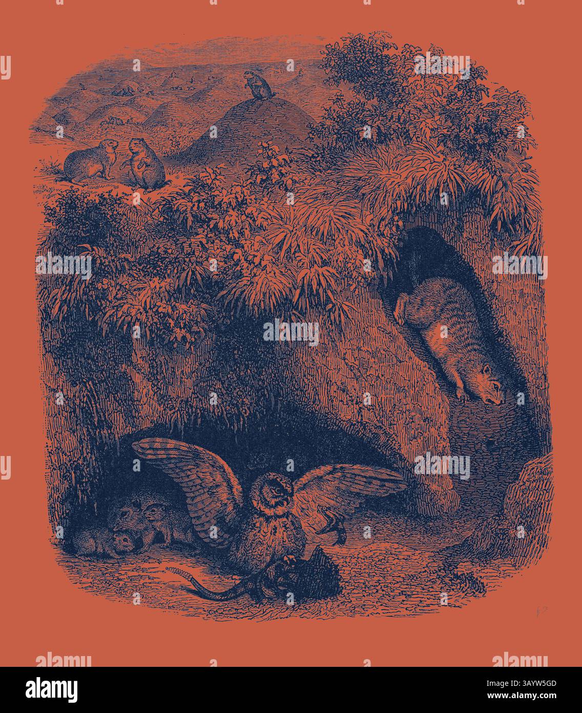 Una scena stravagante con un gufo con ali allungate in primo piano, accanto a vari piccoli animali, mentre un paesaggio di montagna e una fauna selvatica aggiuntiva creano uno sfondo incantevole. Un'arte classica di Prairie Dog "Town" con un tocco moderno reinventata da Artotop Foto Stock