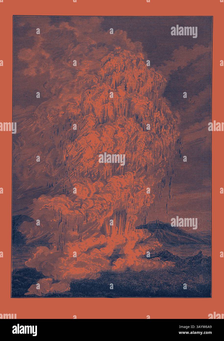 Un paesaggio spettacolare mostra un'eruzione vulcanica, con torreggianti nuvole di fumo e cenere che si librano verso l'alto su uno sfondo aspro, mettendo in risalto il potere grezzo della natura. The Great Geyser of Iceland Classic art con un tocco moderno reinventato da Artotop Foto Stock