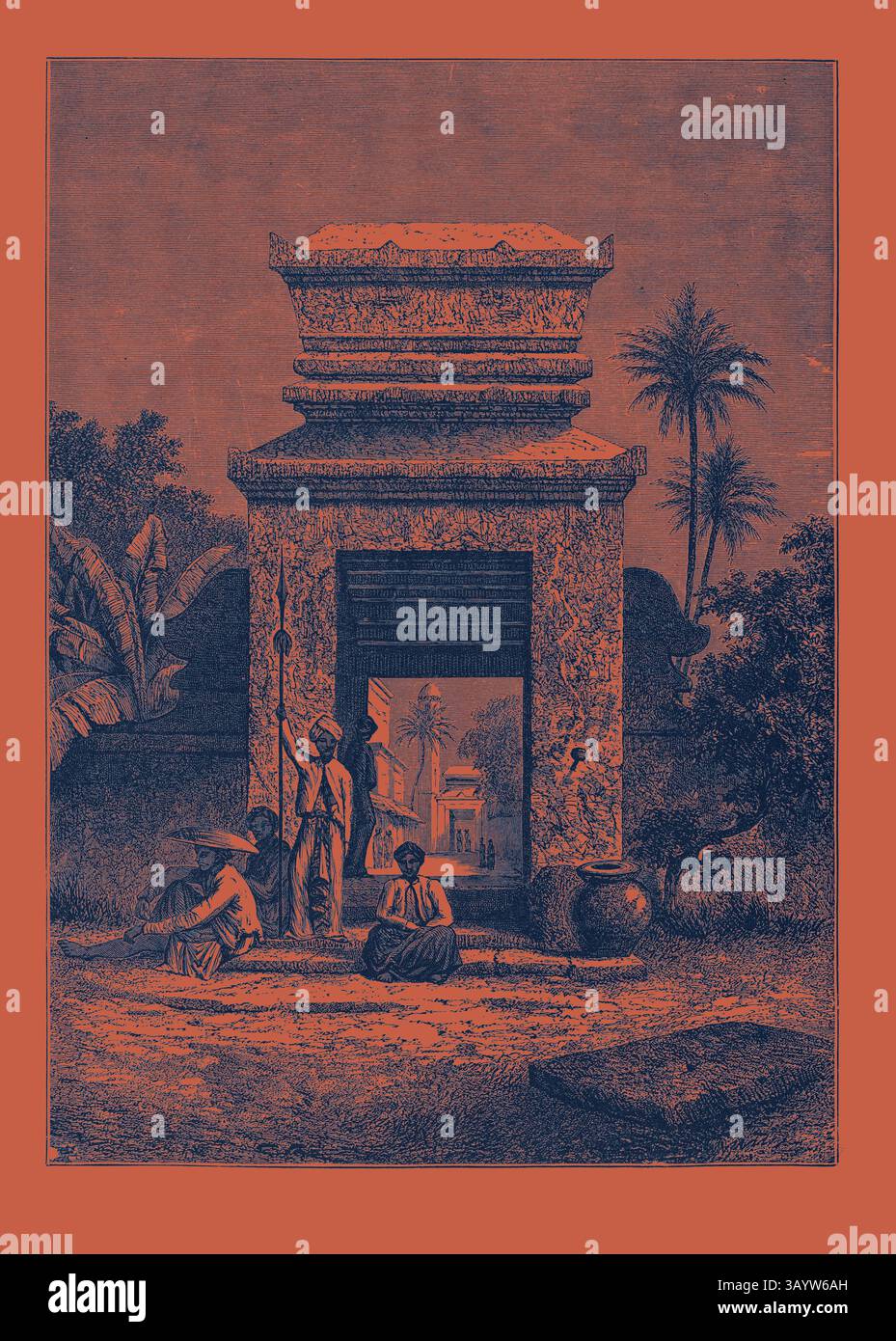 Una porta storica adornata da intricate incisioni sorge prominentemente in mezzo a una lussureggiante vegetazione tropicale. In primo piano, figure in abbigliamento tradizionale si impegnano in varie attività, mettendo in risalto l'essenza culturale della scena. Nelle vicinanze, una grande pentola poggia sul terreno, aumentando la profondità atmosferica dell'ambientazione. La Moschea di Soerabaija, Batavia, Giava, Indonesia arte classica con un tocco moderno reinventata da Artotop Foto Stock