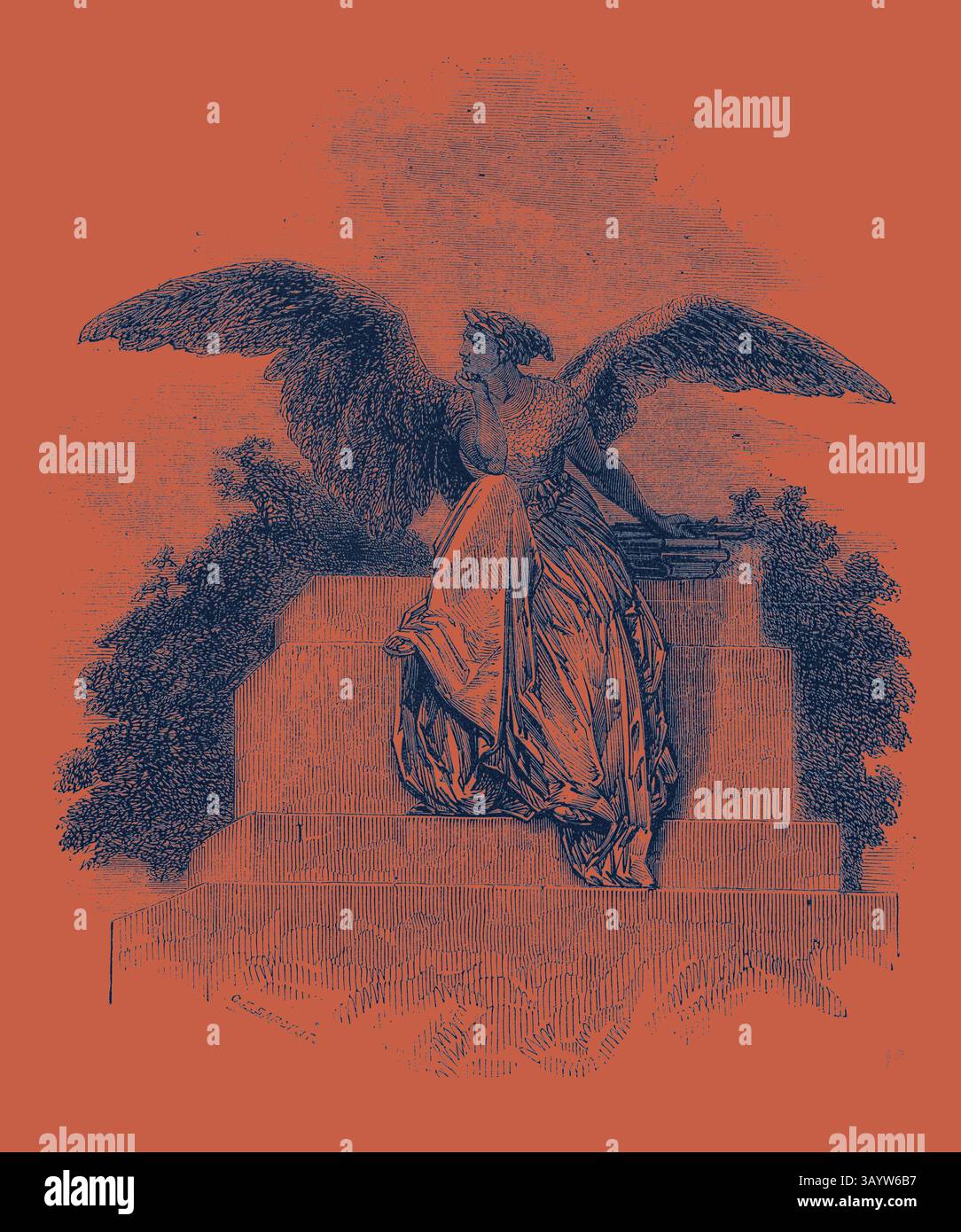 Una maestosa figura di un angelo, adornata con abiti scorrevoli e grandi ali, siede graziosamente su un piedistallo, circondato da lussureggianti fogliame. La composizione evoca un senso di serenità e presenza divina. Victory, progettato come monumento al defunto duca di Wellington arte classica con un tocco moderno reinventato da Artotop Foto Stock