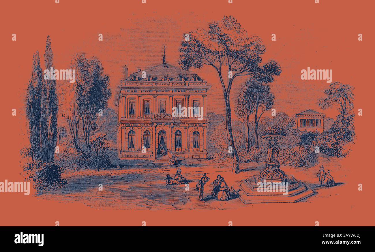 Una grandiosa residenza classica circondata da alberi lussureggianti e da un tranquillo giardino, caratterizzato da una fontana decorativa e persone che si godono tranquillamente il tranquillo paesaggio. Villa Rossini a Passy An area di Parigi, Francia Arte classica con un tocco moderno reinventata da Artotop Foto Stock