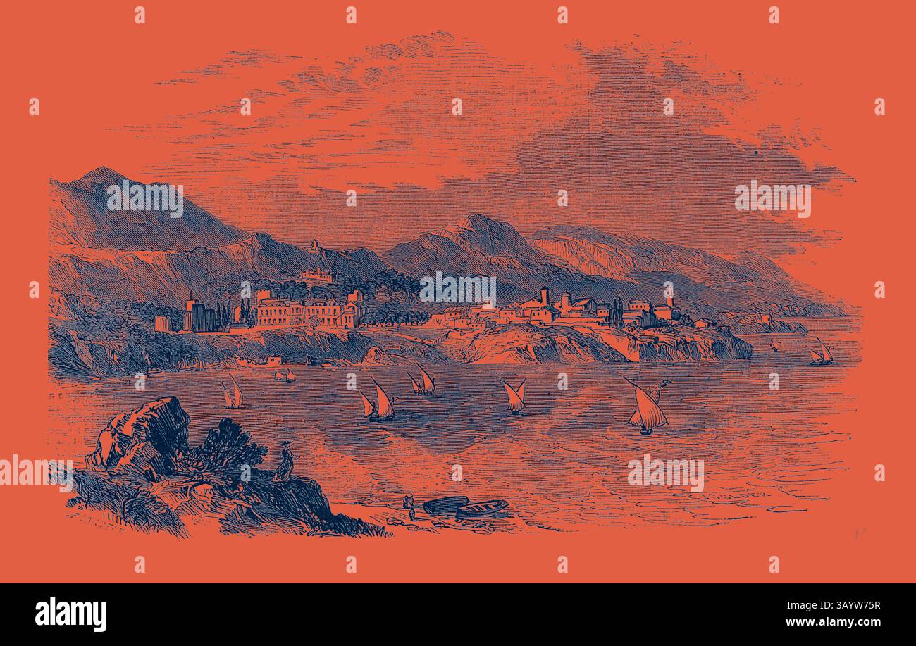 Una vista panoramica sulla costa caratterizzata da montagne lontane, una tranquilla baia punteggiata di barche a vela e un incantevole litorale con edifici e vegetazione. Il paesaggio cattura un senso di tranquillità e fascino storico. La città di Monaco arte classica con un tocco moderno reinventata da Artotop Foto Stock