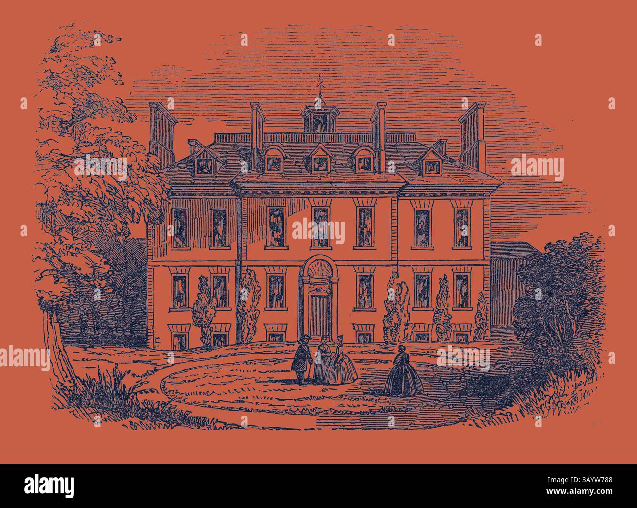 Una grandiosa residenza storica circondata da lussureggiante vegetazione, con figure elegantemente vestite riunite in primo piano, che mostrano una miscela di bellezza architettonica e un'istantanea della vita sociale di un'epoca passata. Abney House, Stoke Newington, un distretto nel London Borough di Hackney. Regno Unito, Gran Bretagna, Regno Unito, Europa, Regno Unito, gran Bretagna, arte classica europea con un tocco moderno reinventata da Artotop Foto Stock