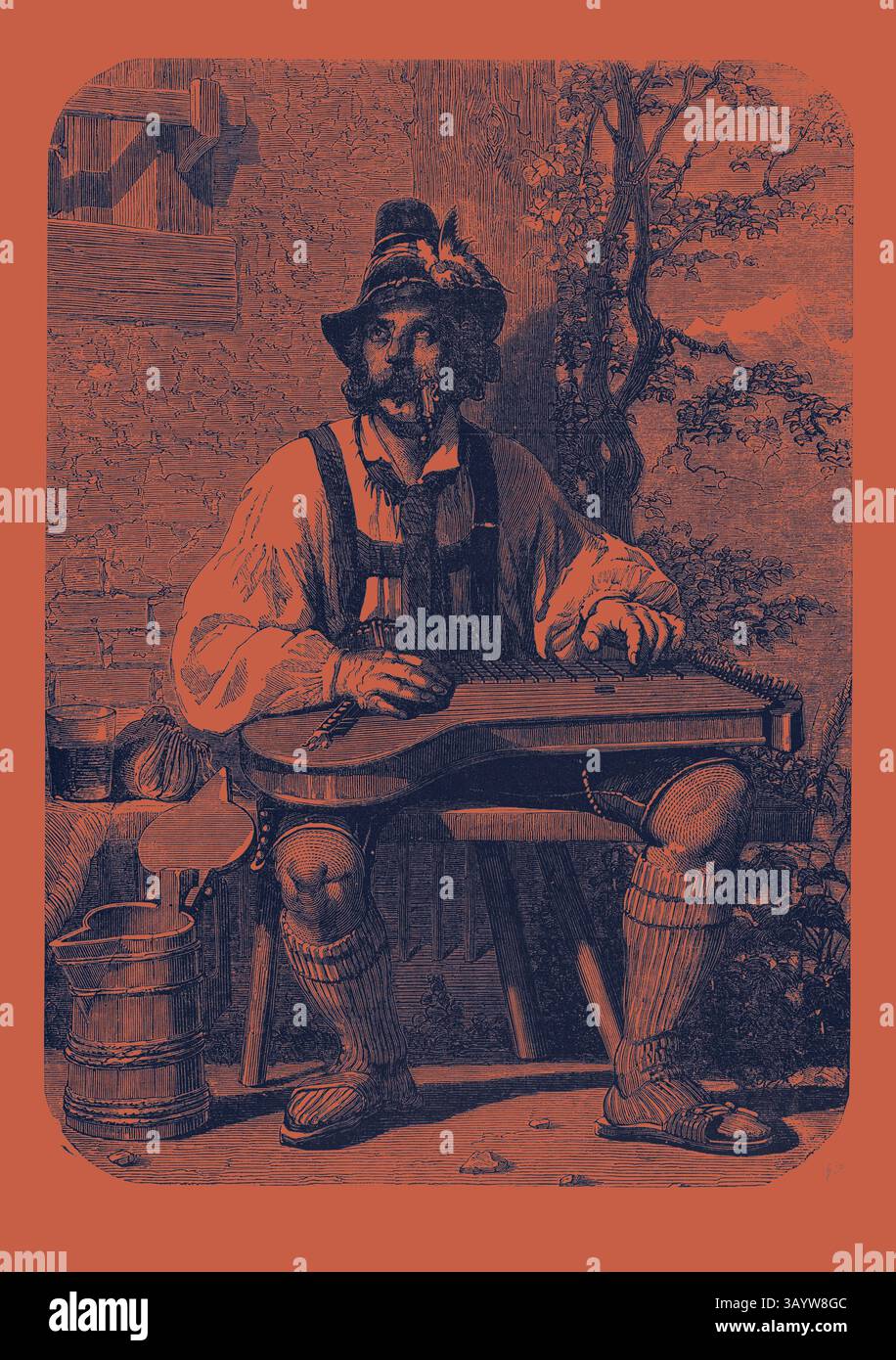 Un uomo con un abbigliamento tradizionale siede a suonare uno strumento a corda, circondato dalla natura. La sua espressione concentrata e l'ambientazione rustica evocano un senso di nostalgia e patrimonio culturale. Un'arte classica di Tyrolese Composer con un tocco moderno reinventata da Artotop Foto Stock