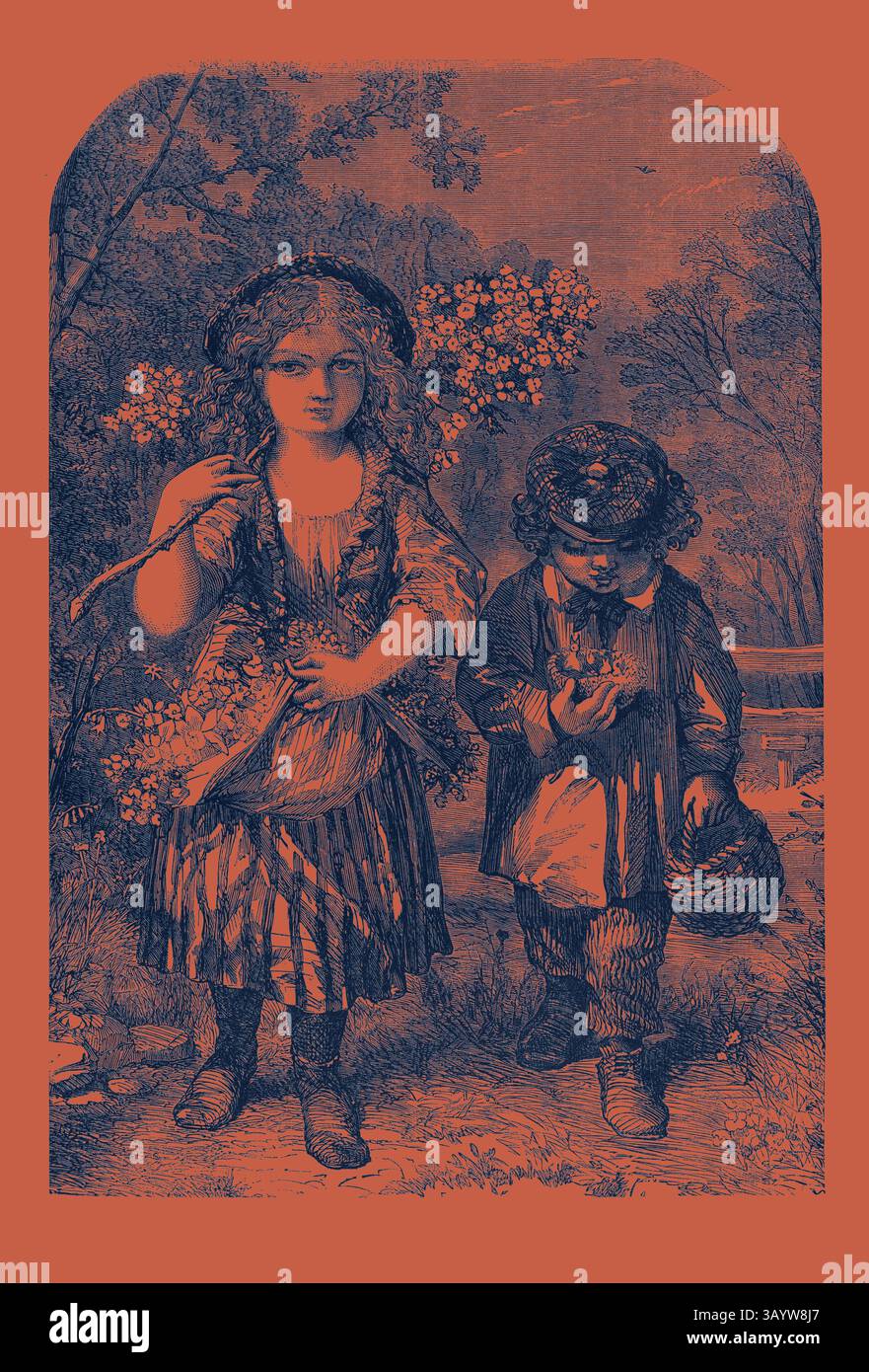 Due bambini passeggiano attraverso un paesaggio panoramico, uno con un ramo adornato di fiori, l'altro con un cesto. Sono vestite con abiti tradizionali, circondate dalla natura, con alberi e fogliame sullo sfondo. Maggio, Calendario, anno, mese, arte classica mensile con un tocco moderno reinventata da Artotop Foto Stock