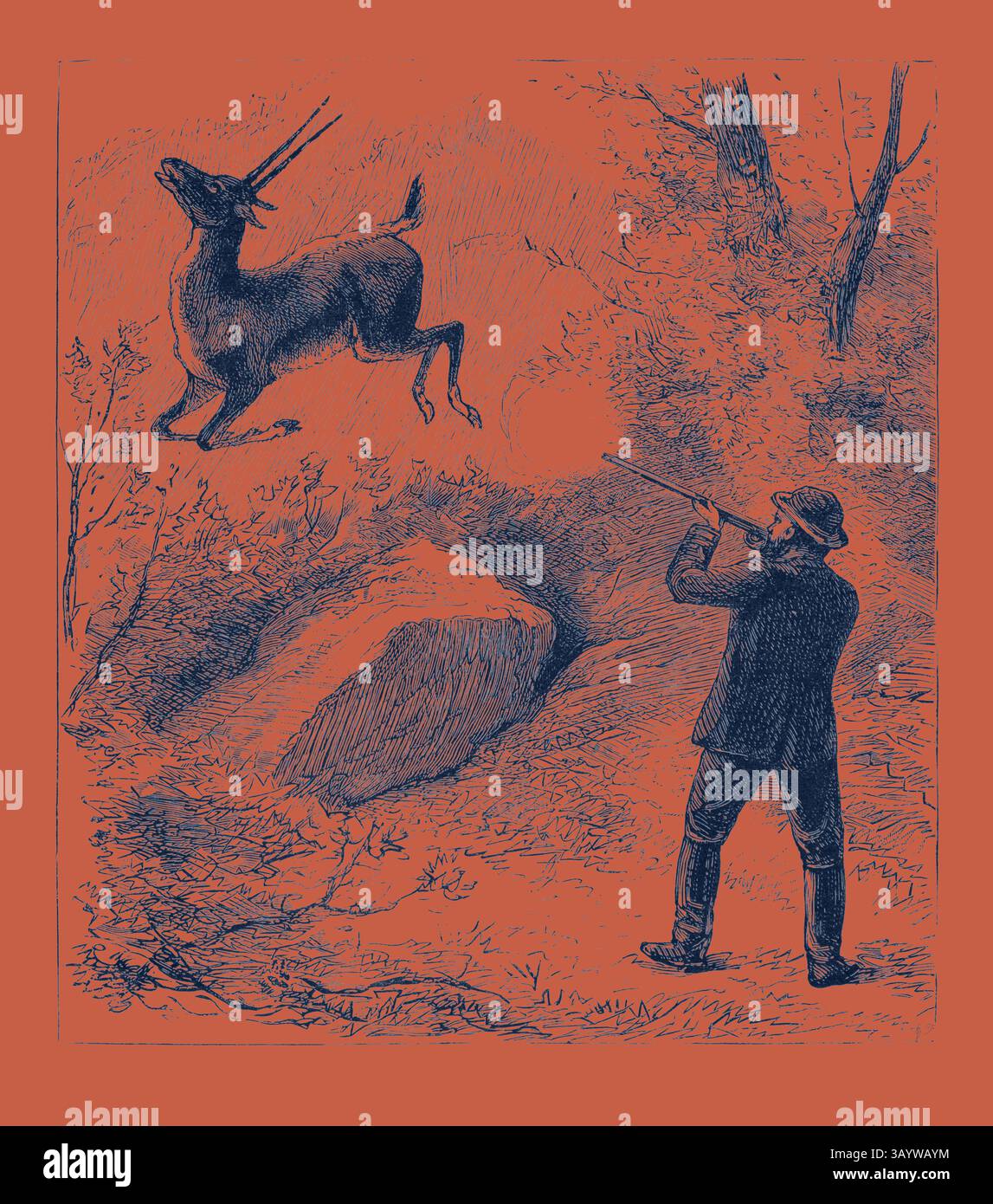 Un cacciatore punta il suo fucile su un cervo che salta, circondato da un paesaggio boscoso, catturando un momento di tensione nella natura selvaggia. A Flying Shot, Engraving 1884 Classic art con un tocco moderno reinventato da Artotop Foto Stock