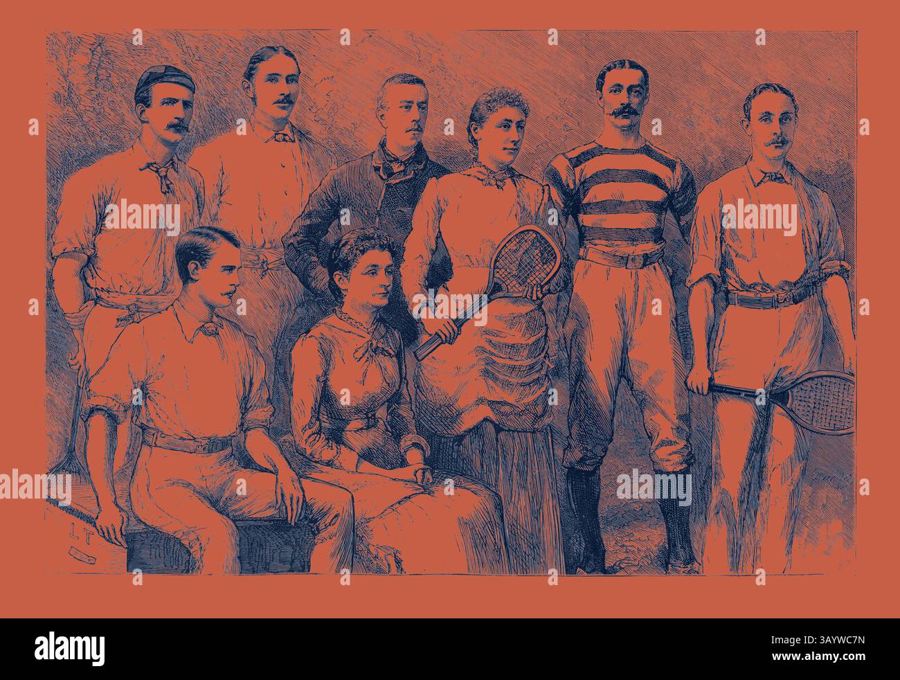 Un gruppo di individui vestiti con abbigliamento sportivo vintage, tra cui abiti da tennis e racchette, posa insieme, mostrando una miscela di cameratismo e sport di un'epoca passata. Alcuni giocatori inglesi di tennis sul prato, Engraving 1884, Regno Unito, Gran Bretagna, Regno Unito, Europa, Regno Unito, Gran Bretagna, arte classica europea con un tocco moderno reinventata da Artotop Foto Stock