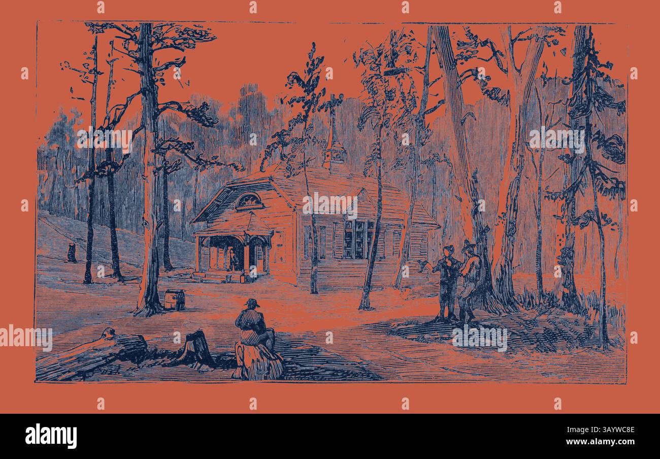 Una capanna rustica accoccolata tra alti alberi, con figure in abiti d'epoca che si rilassano nelle vicinanze. La scena serena cattura un momento di quiete in un ambiente boscoso, mescolando natura e presenza umana. The Hughes Public Library, Thomas Hughes Settlement New Rugby Tennesee, Engraving 1884, US, USA, America, arte classica degli Stati Uniti con un tocco moderno reinventata da Artotop Foto Stock
