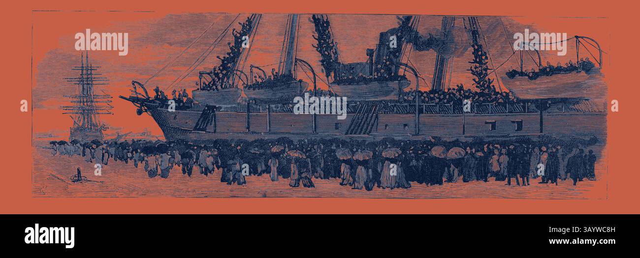 Una vivace scena raffigurante una grande nave con molte figure a bordo e una folla riunita sulla riva, probabilmente testimone di un evento importante. Le imbarcazioni più piccole sono visibili sullo sfondo, contribuendo al senso di attività e di anticipazione. Partenza della nave truppe Deccan da Portsmouth, il Camel Corps per la spedizione sul Nilo, incisione 1884 arte classica con un tocco moderno reinventata da Artotop Foto Stock