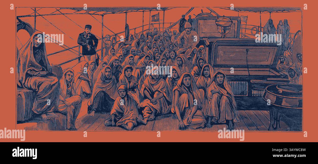 Un gruppo di individui, per lo più donne e bambini, siedono in un grande spazio aperto a bordo di una nave, avvolti da scialli. Le loro espressioni vanno dal solenne al contemplativo mentre si riuniscono intorno a vari oggetti, tra cui una bara di legno. La scena riflette un momento di esperienza condivisa durante un viaggio, evocando un senso di storia e storia collettiva. Sbarcato a Demerara, Guyana, Sud America, immigrati delle Indie Orientali, incisione 1884 arte classica con un tocco moderno reinventata da Artotop Foto Stock