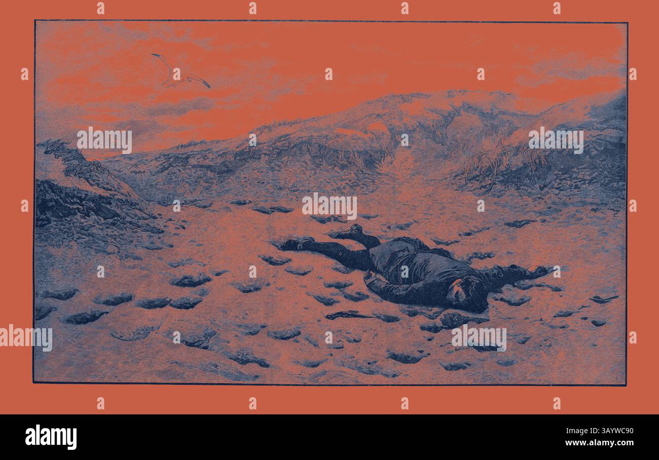 Una figura senza vita giace su un paesaggio arido, circondato da terreni accidentati e colline lontane, evocando un senso di desolazione e solitudine. Soddisfazione, incisione 1884 Arte classica con un tocco moderno reinventata da Artotop Foto Stock