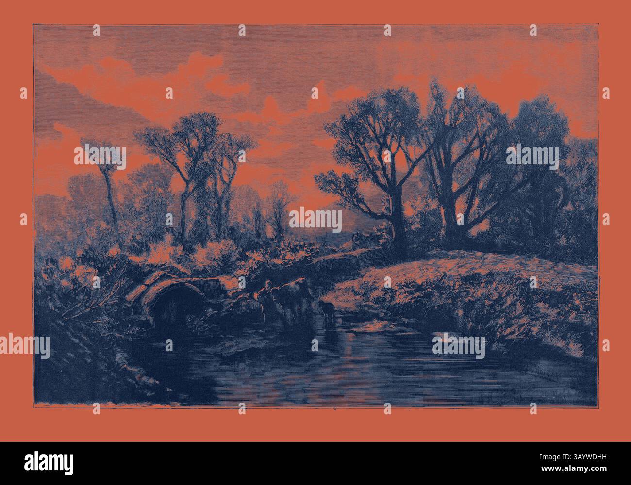 Un tranquillo paesaggio caratterizzato da un tranquillo ruscello circondato da alti alberi e lussureggiante vegetazione, con un pizzico di nuvole che si spostano sopra, catturando l'essenza pacifica della natura. Guarda in Normandia, Francia, incisione 1882 arte classica con un tocco moderno reinventata da Artotop Foto Stock