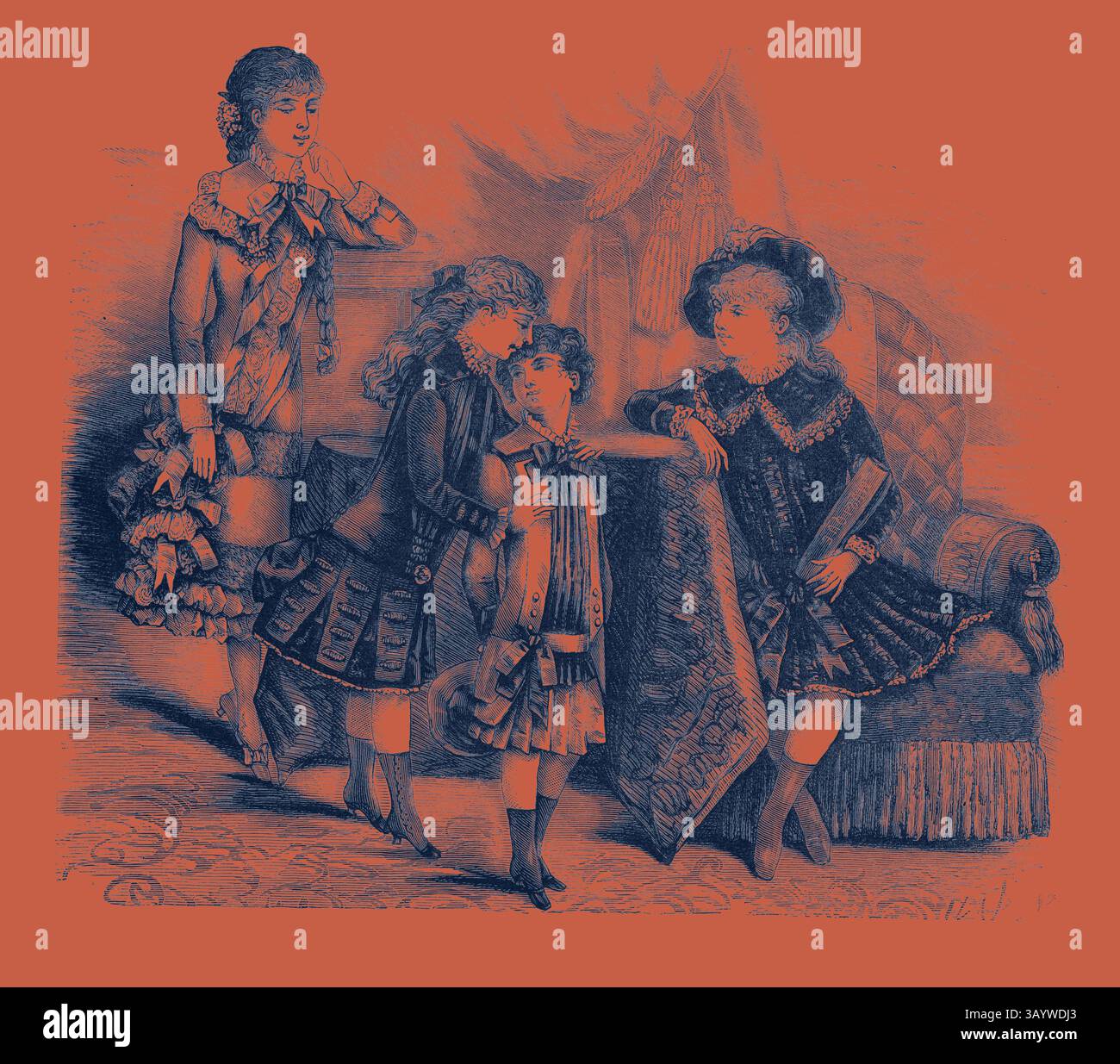 Una scena con bambini e una donna vestiti con eleganza, ambientata in un sontuoso arredamento vintage. Le figure sono impegnate in un'interazione giocosa, mostrando intricati stili di abbigliamento del passato. Autunno bambini FRocks, Moda, incisione 1882 Arte classica con un tocco moderno reinventata da Artotop Foto Stock