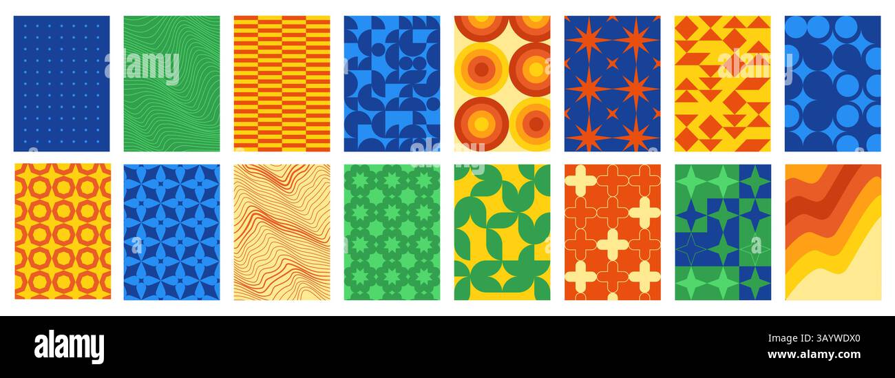 Poster geometrici astratti. Design dello sfondo con motivo astratto retrò con forme e forme semplici e minimali, stampe artistiche con geometrie moderne. Vettore Illustrazione Vettoriale